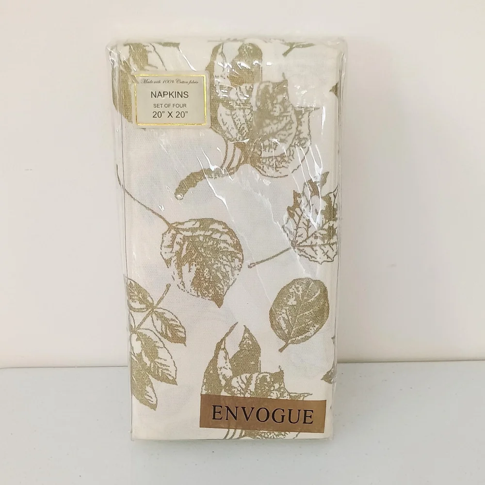 New Envogue Hamptons Collection 100% Cotton Napkins Set Of 4 Gold Leaf